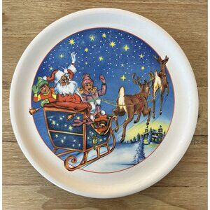 Vintage STOVIT Pottery Ceramic Plate 11” Santa's Sleigh Christmas Eve Reindeer